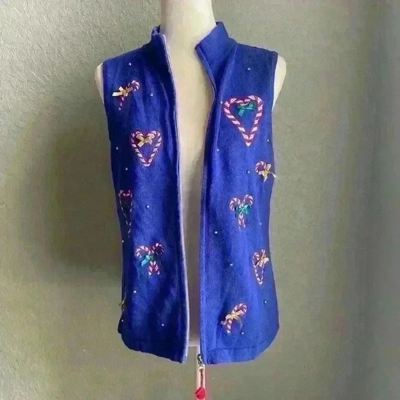 Vintage Nouveaux Cute Ugly Christmas Knit Sweater Vest Candy Canes Blue Zipper M - Picture 8 of 10